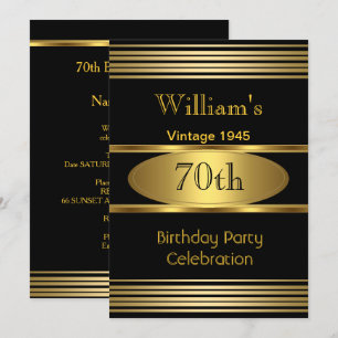 Invitación Vintage Mens 70th Birthday Party Gold Black 1945