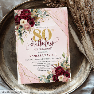 Invitación Vintage Merlot Rubor Gold Flowers 80th Cumpleaños