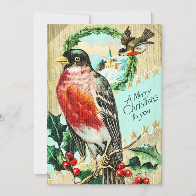 Invitación Vintage Merry Christmas Bird Holly (Anverso)