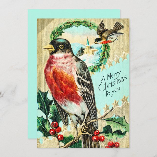 Invitación Vintage Merry Christmas Bird Holly (Anverso / Reverso)