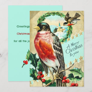 Invitación Vintage Merry Christmas Bird Holly