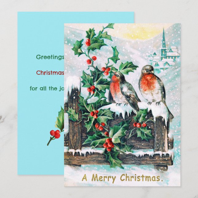 Invitación Vintage Merry Christmas Birly Holly (Anverso / Reverso)