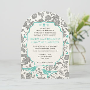 Invitación Vintage Mint Gray Floral Pattern Lovebird Boda