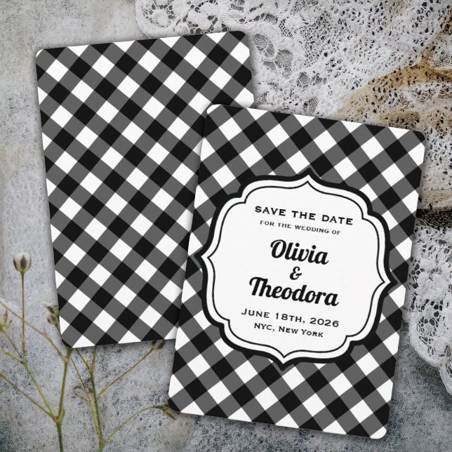 Invitación Vintage Modern Gingham Save the Date Cards (vintage modern elegant black and white gingham check wedding save the date)