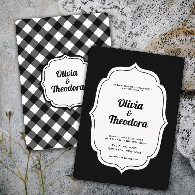 Invitación Vintage Modern Gingham wedding invitation (vintage modern elegant black and white gingham check wedding invitation )