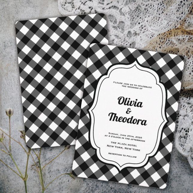 Invitación Vintage Modern Gingham wedding invitation (vintage modern elegant black and white gingham wedding invitation)
