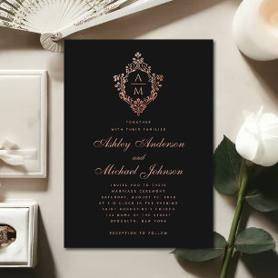 Invitación Vintage Monograma Cresta de Boda Rosa Dorado Negro