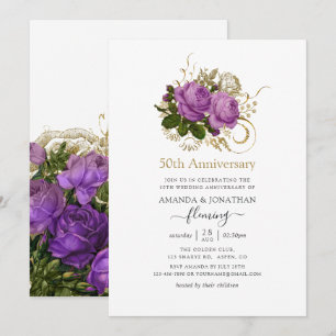 Invitación Vintage morado y dorado 50 años Boda