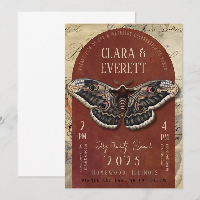 Invitación Vintage Moth Wedding Invitation with Rustic Arch (Anverso / Reverso)