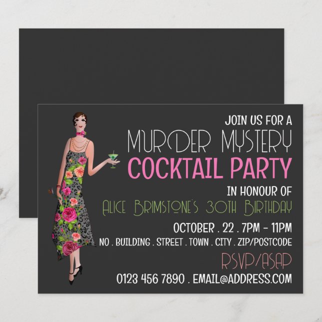 Invitación Vintage Murder Mystery Cocktail Fiesta, Cumpleaños (Anverso / Reverso)