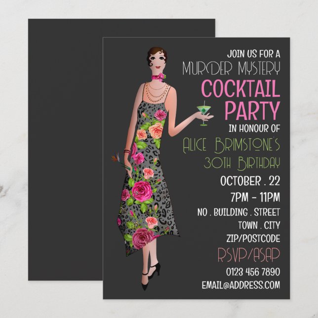 Invitación Vintage Murder Mystery Cocktail Fiesta, Cumpleaños (Anverso / Reverso)