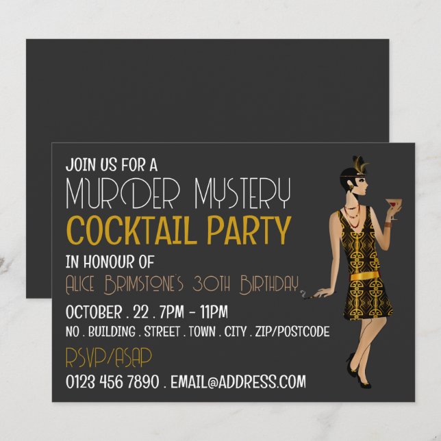 Invitación Vintage Murder Mystery Cocktail Fiesta, Cumpleaños (Anverso / Reverso)