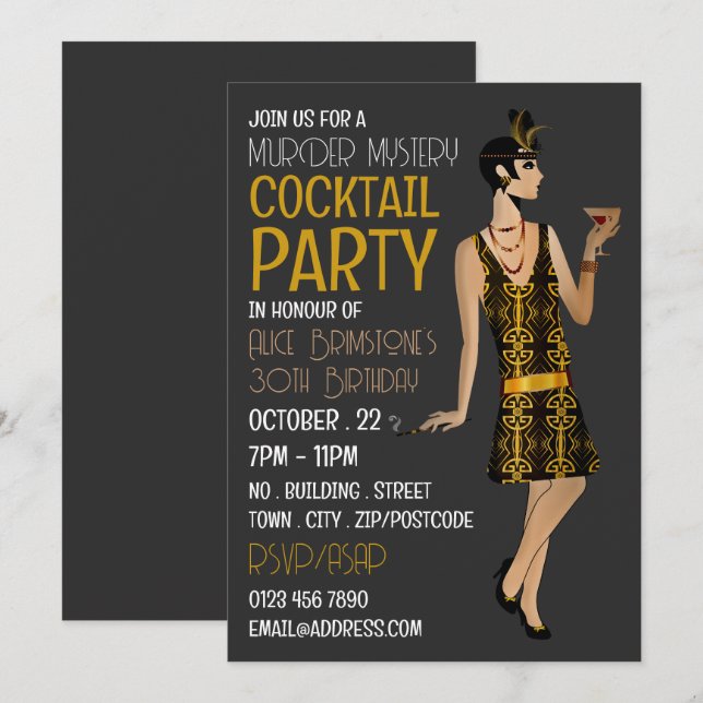 Invitación Vintage Murder Mystery Cocktail Fiesta, Cumpleaños (Anverso / Reverso)