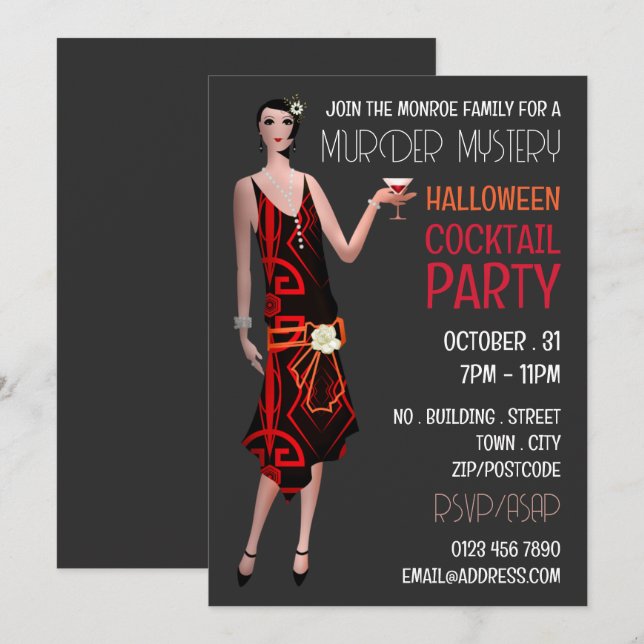 Invitación Vintage Murder Mystery Halloween Cocktail Fiesta (Anverso / Reverso)