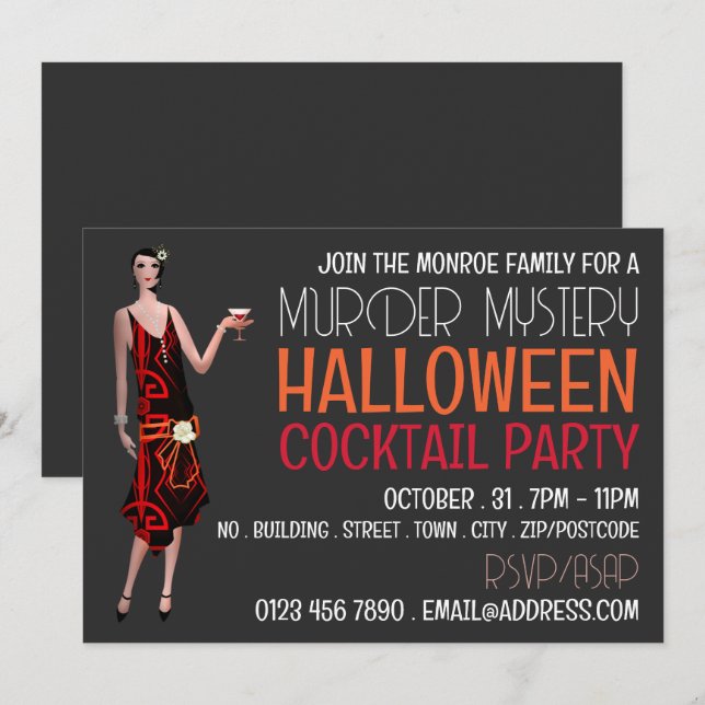 Invitación Vintage Murder Mystery Halloween Cocktail Fiesta (Anverso / Reverso)