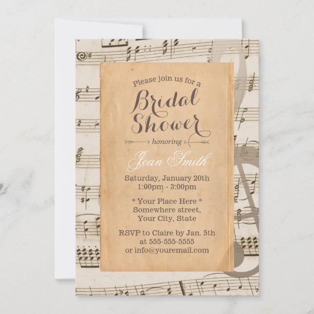 Invitación Vintage Music Notes Elegant Bridal Shower (Anverso)