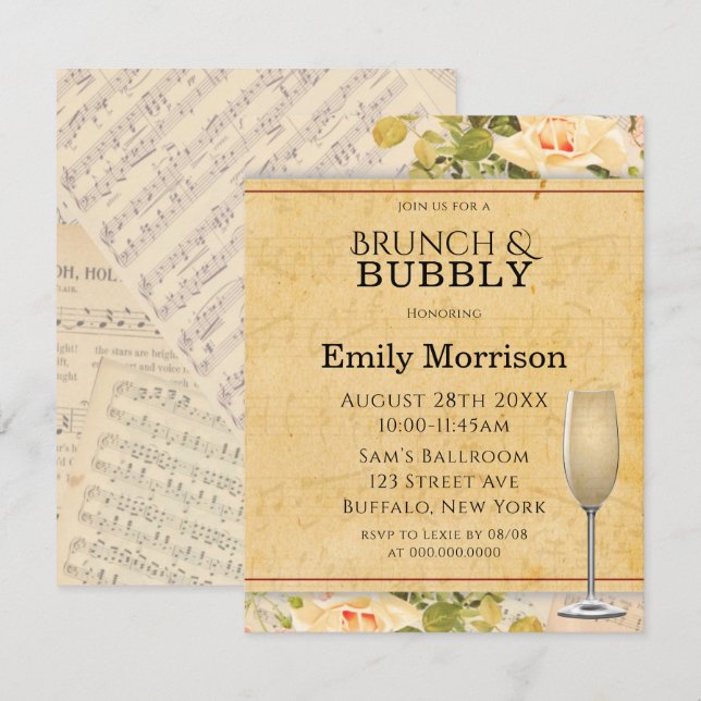 Invitación Vintage Musical Floral Brunch & Bubbly Invita (Anverso / Reverso)