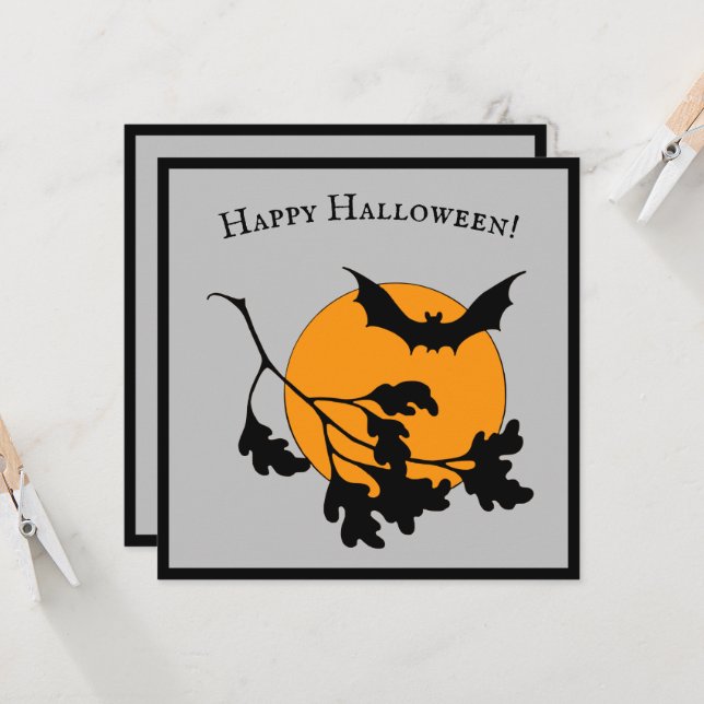 Invitación Vintage Naranja de Halloween Moon Flying Bats (Anverso/Reverso In Situ)