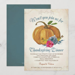 Invitación Vintage Naranja Pumpkin Cena de Acción de Gracias