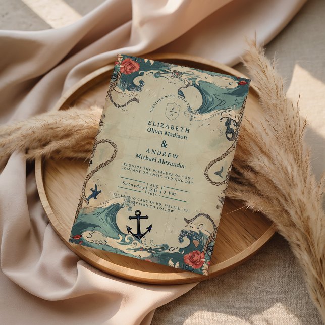 Invitación Vintage Nautical Waves & Rope Wedding (Subido por el creador)