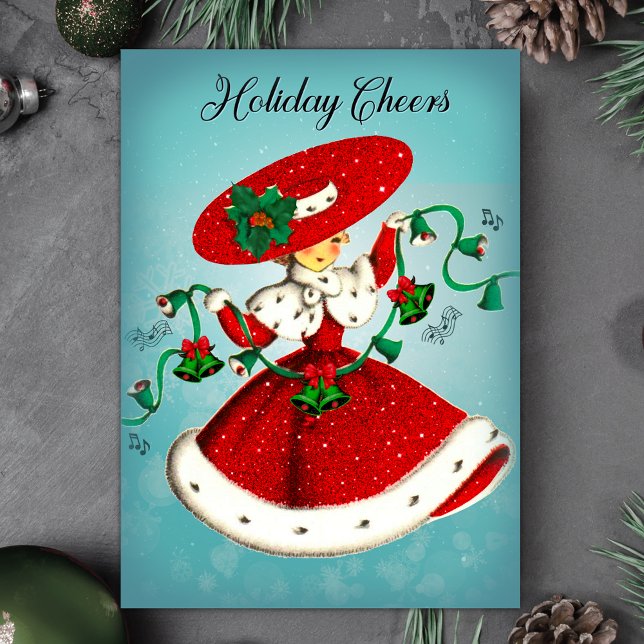Invitación Vintage Navidad campanas verdes chica purpurina ro (Subido por el creador)