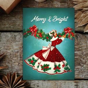 Invitación Vintage navidad decoración purpurina rojo chica