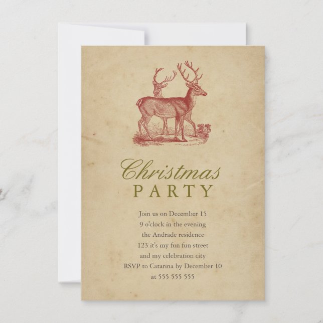 Invitación Vintage Navidad Fiesta Red Deer Fiesta Rusa (Anverso)