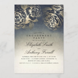 Invitación Vintage Navy Blue and Gold Floral Engagement Party