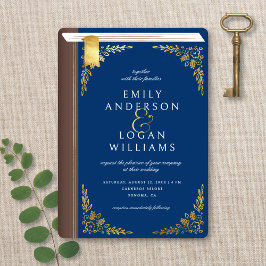 Invitación Vintage Navy Blue Book Cover Gold Floral Wedding