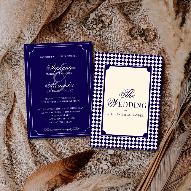 Invitación Vintage Navy Blue Checkered Old Money Wedding (Subido por el creador)