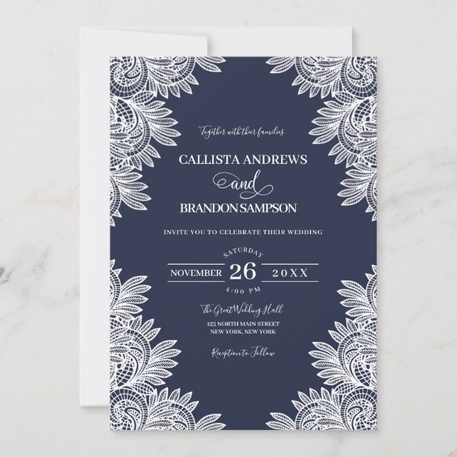 Invitación Vintage Navy Blue Lace Country Wedding (Anverso)