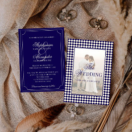 Invitación Vintage Navy Checkered Old Money Photo Wedding