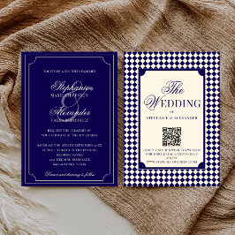 Invitación Vintage Navy Checkered Old Money QR Code Wedding