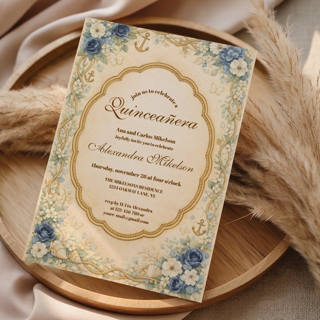 Invitación Vintage Navy Coastal Quinceañera (Subido por el creador)