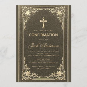 Invitación Vintage Negro Dorado Elegante Letra Niño Confirmac