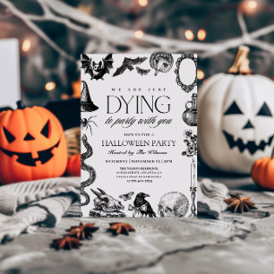 Invitación Vintage Negro y Blanco Calavera Halloween
