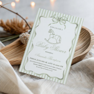 Invitación Vintage Neutral Olive Rocking Horse Baby Shower