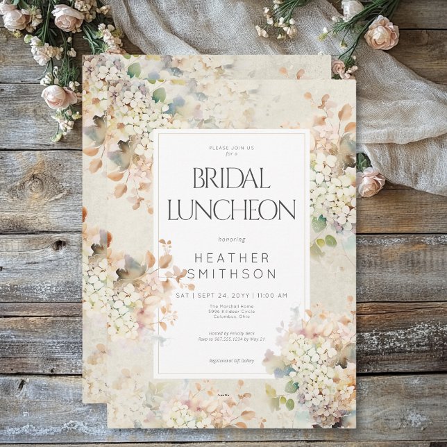 Invitación Vintage neutro romántico Hidráneas Noche (Romantic Neutral Vintage Hydrangeas Bridal Lunch Invitation)