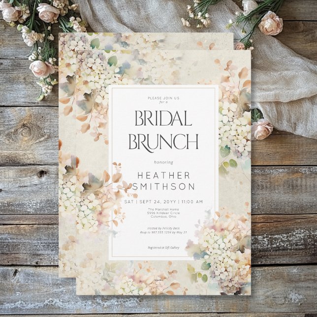 Invitación Vintage neutro romántico Hydrangeas Brunch (Romantic Neutral Vintage Hydrangeas Bridal Brunch Invitation)