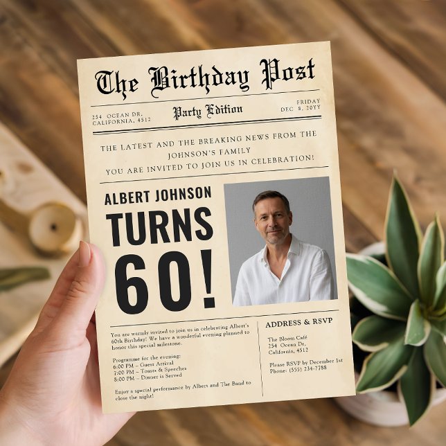 Invitación Vintage Newspaper 60th Milestone Birthday Photo (Subido por el creador)