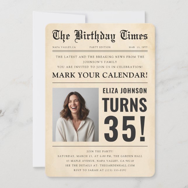 Invitación Vintage Newspaper Custom Photo 35th Birthday Party (Anverso)
