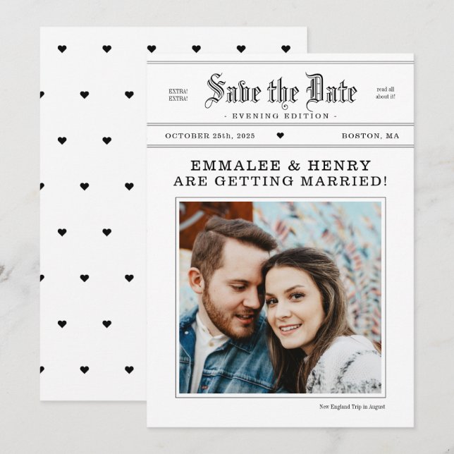 Invitación Vintage Newspaper Photo Wedding Salva la fecha (Anverso / Reverso)