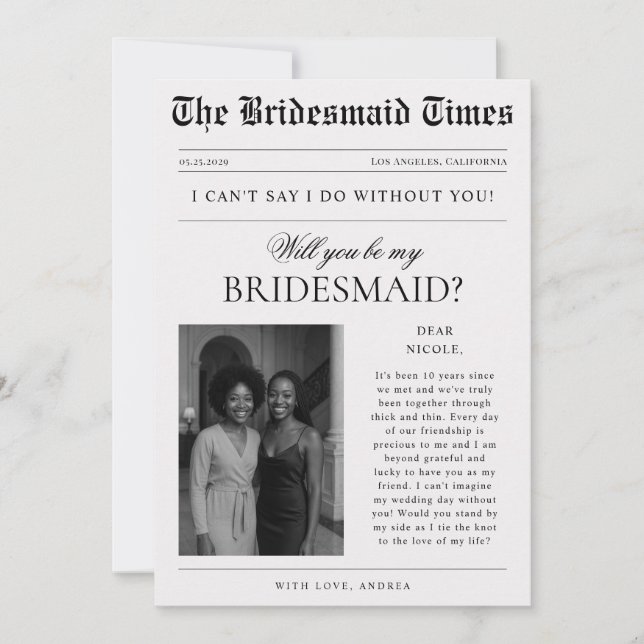 Invitación Vintage Newspaper Style Photo Bridesmaid Proposal (Anverso)