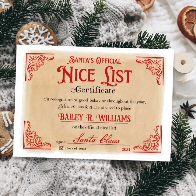Invitación Vintage Nice Certificado Santa Magical (Official Nice List Certificate Santa Claus North Pole letter instant download printable)