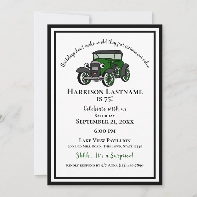 Invitación Vintage Old Car Surprise Cumpleaños (Anverso)
