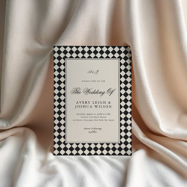 Invitación Vintage Old Money Preppy Checkered Photo Wedding (Subido por el creador)