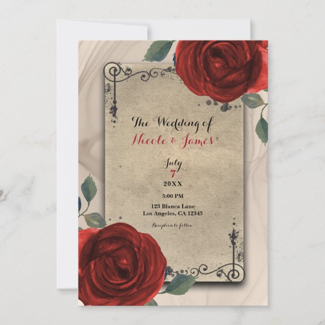 Invitación Vintage Old World Charm Red Roses Elegante Boda (Anverso)