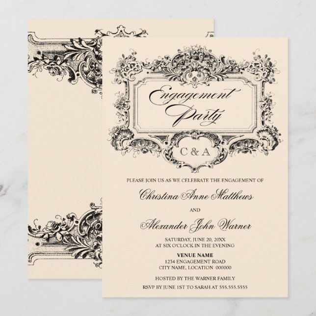 Invitación Vintage Ornamement Engagement Party (Anverso / Reverso)