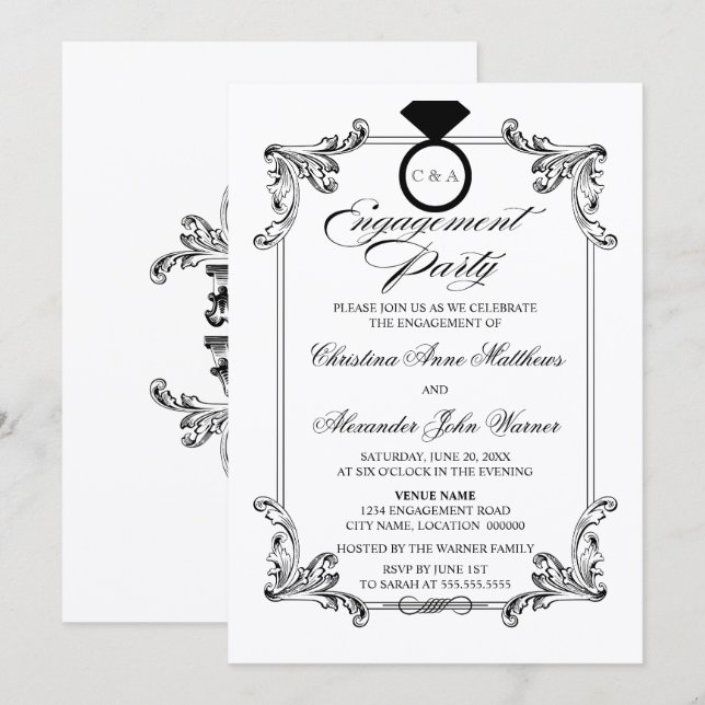 Invitación Vintage Ornamement Engagement Party (Anverso / Reverso)