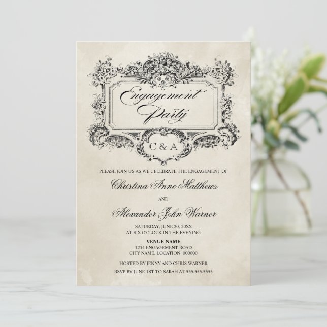 Invitación Vintage Ornamement Engagement Party (Anverso de pie)